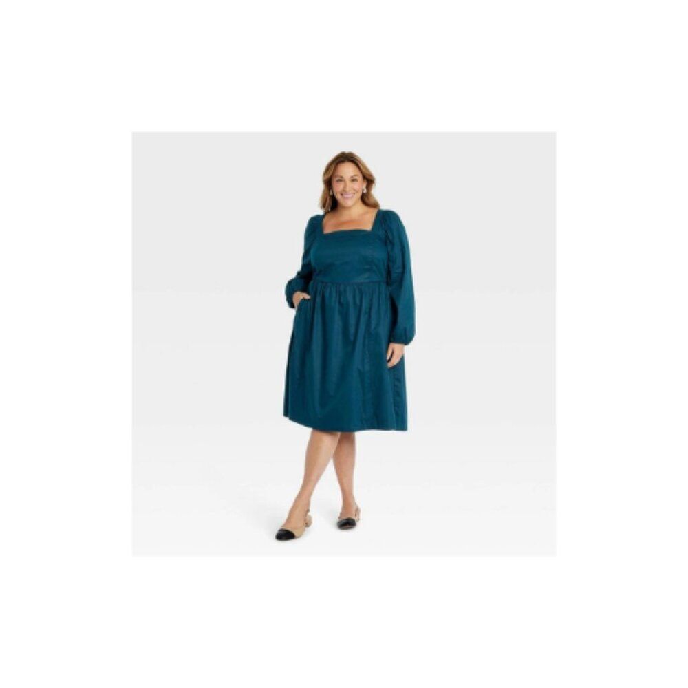 Women's Balloon Long Sleeve Woven Midi A-Line Dress - Ava & Viv 1X